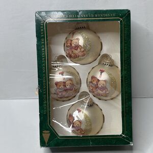 4 Christmas by Krebs Teddy Bear Glass Ornaments USA Vintage 2.5"D Glitter